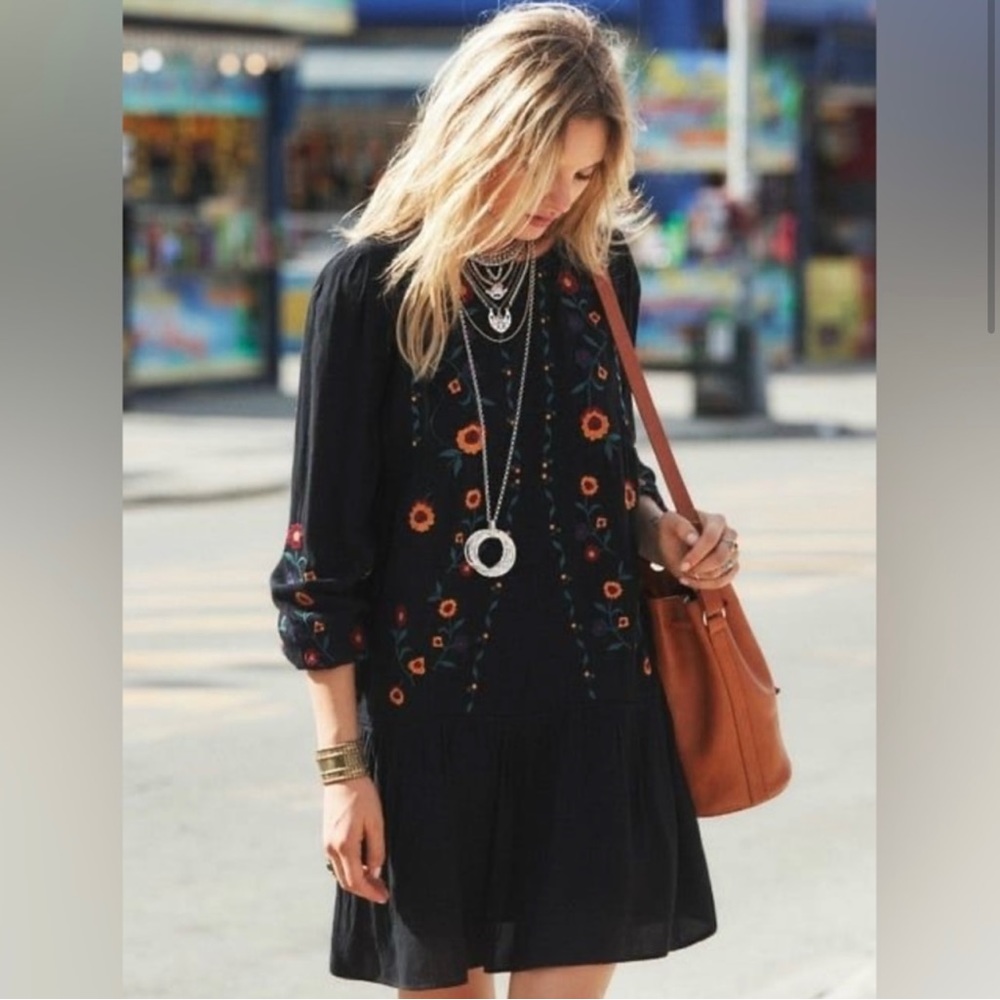 Sezane Elise Embroidered Black Mini Dress Long Sleeve Boho US 6